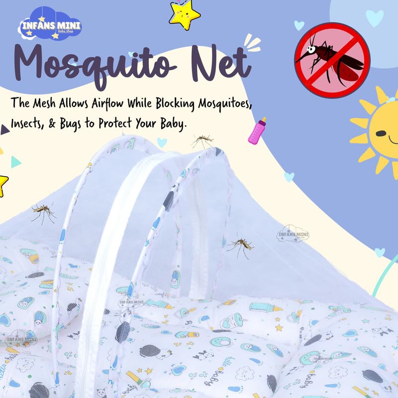 Image of Baby Bed with Mosquito and Insect Protection Net, Portable Mattress with Zip Closure & Pillow Ideal for Babies from 0-6 Months-Unisex (Panda Blue)