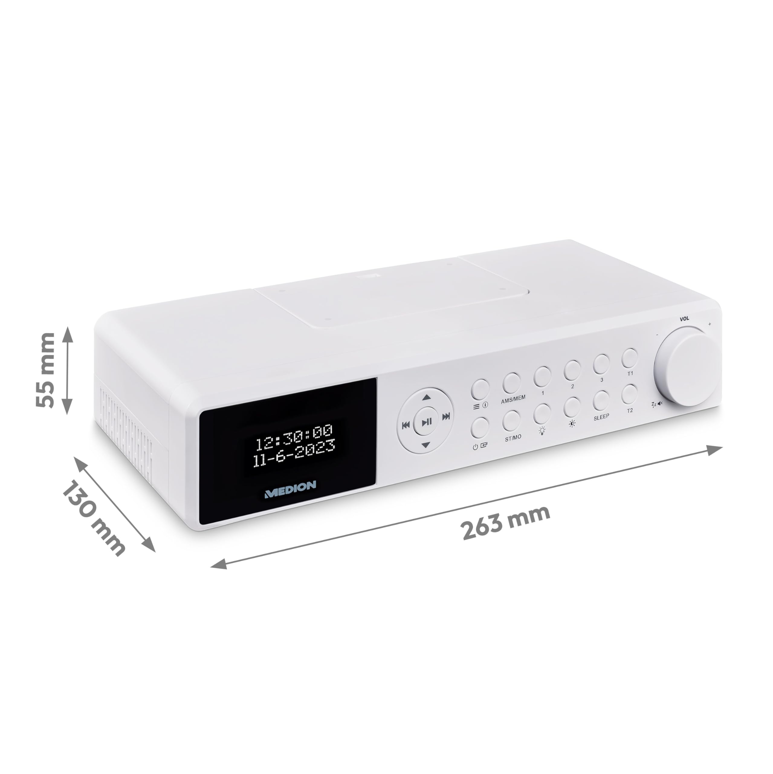 MEDION E6660 Radio de Cuisine (Dab+ Radio de Cuisine, PLL Radio FM, Bluetooth, LED Barre de lumière, sous Le comptoir, Cuisson minuterie, Affichage de l'heure) Blanc ;
