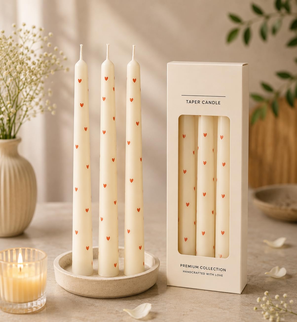 White Heart Printed Taper Candles | 10-Inch Decorative Soy Wax Candles | Pack of 3 | Hand-Printed Romantic Design, Smokeless & Dripless | 7–8 Hour Burn | Home Decor, Valentine, Festive Use-image-16