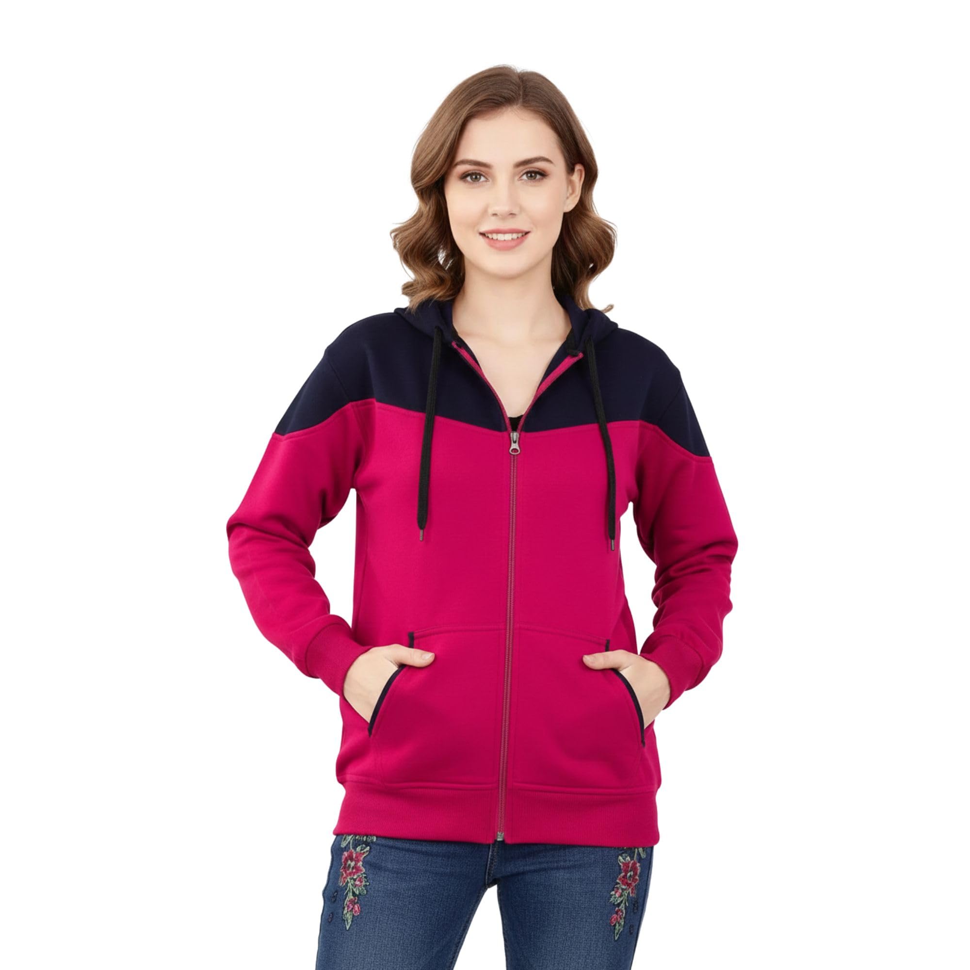 Women Wool Hooded Zip Closure Full Sleeve Winter Sweatshirt and Contrast Yoke with Front Pockets Design-image-43