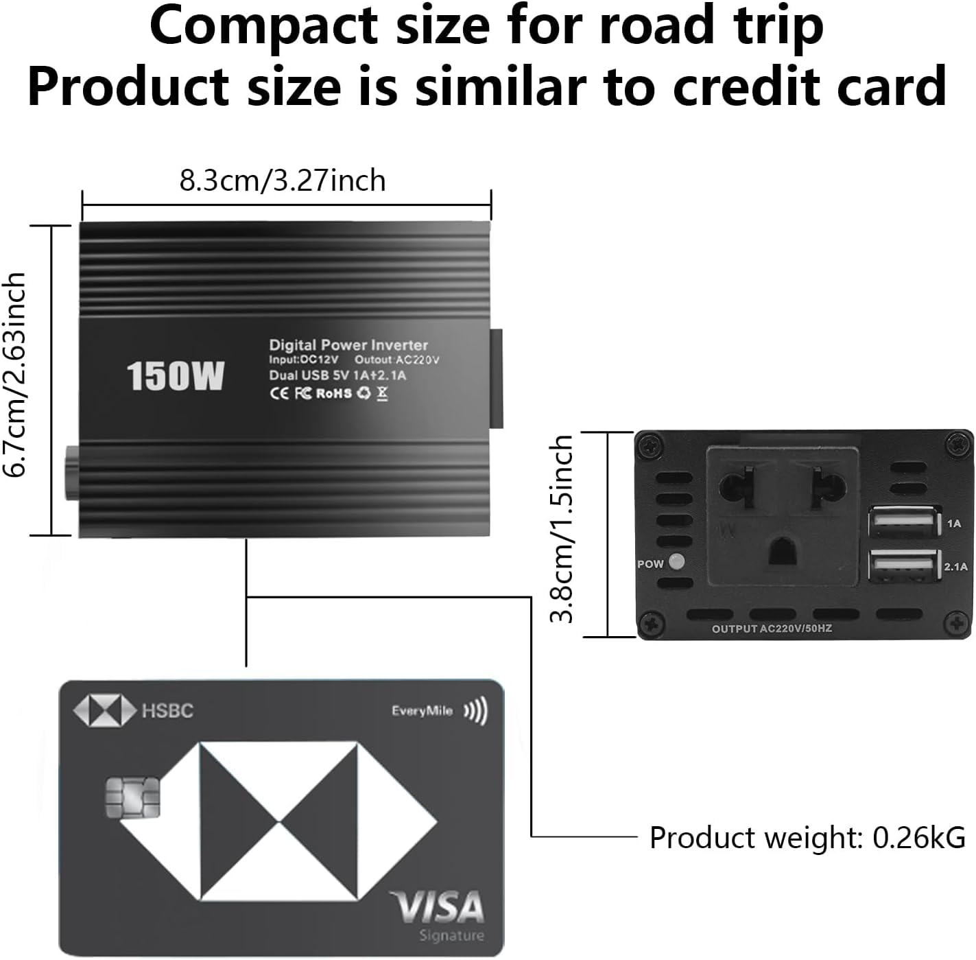 Onduleur de Voiture 150 W DC 12 V vers AC 230 V avec 2 Ports USB et Allume-Cigare, idéal pour Le Camping, Les Voyages et l'alimentation de Secours (Noir)