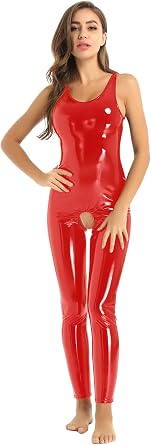 Womens Jumpsuit Liquid Wet Look One Piece Leotard Sleeveless Catsuit Open Crotch Clubwear