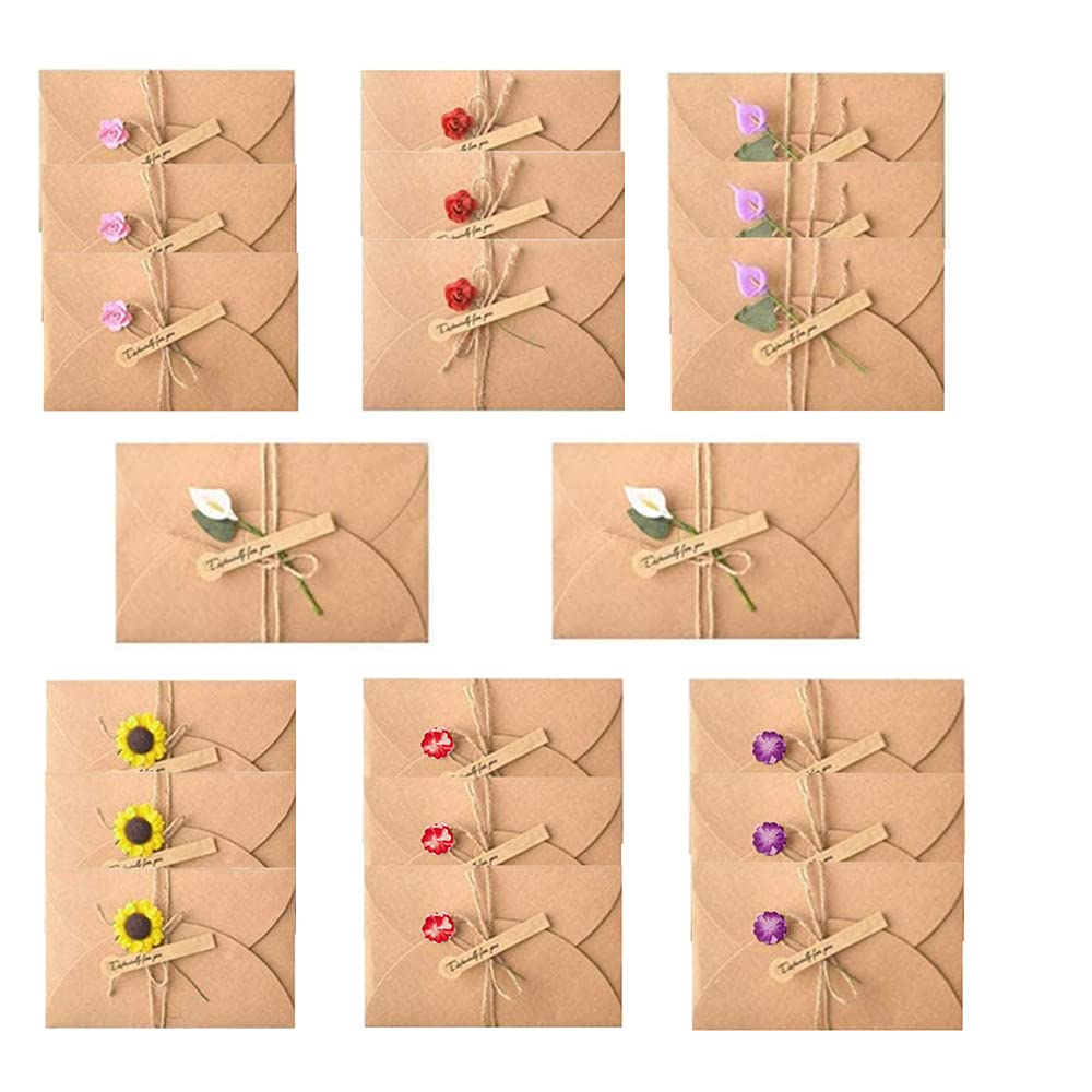 Tarjeta de felicitación, 20 unidades, tarjeta de felicitación, tarjeta de felicitación retro, papel kraft de flores secas decoradas, para varias ocasiones, bodas, invitaciones letra.
