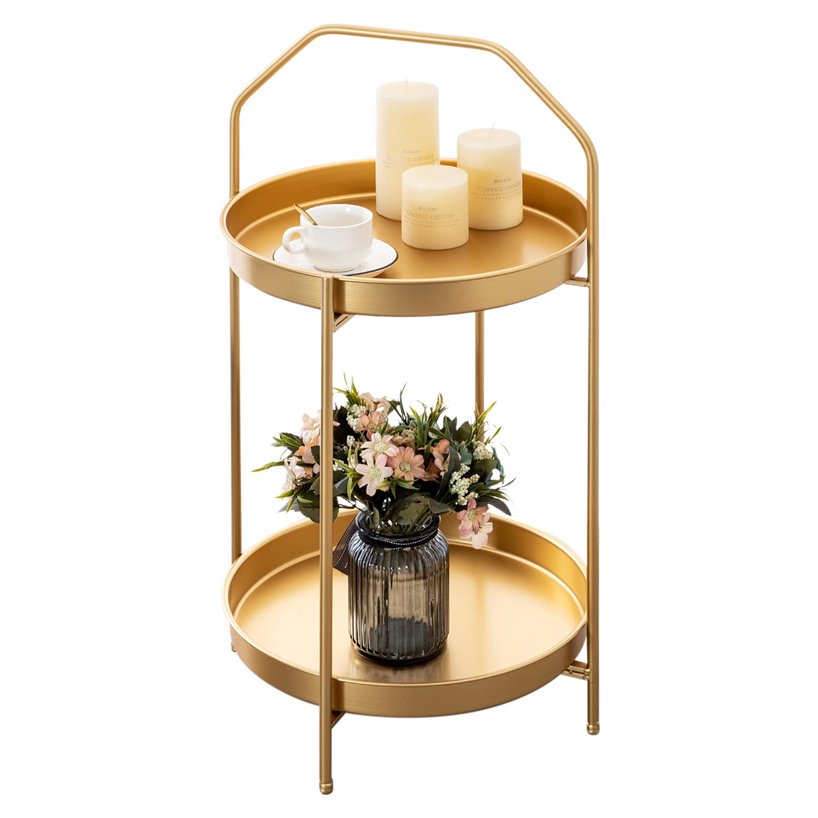 Buy HollyHOME 2Tier Round Metal Tray End Table with Handle, 30.31"(H