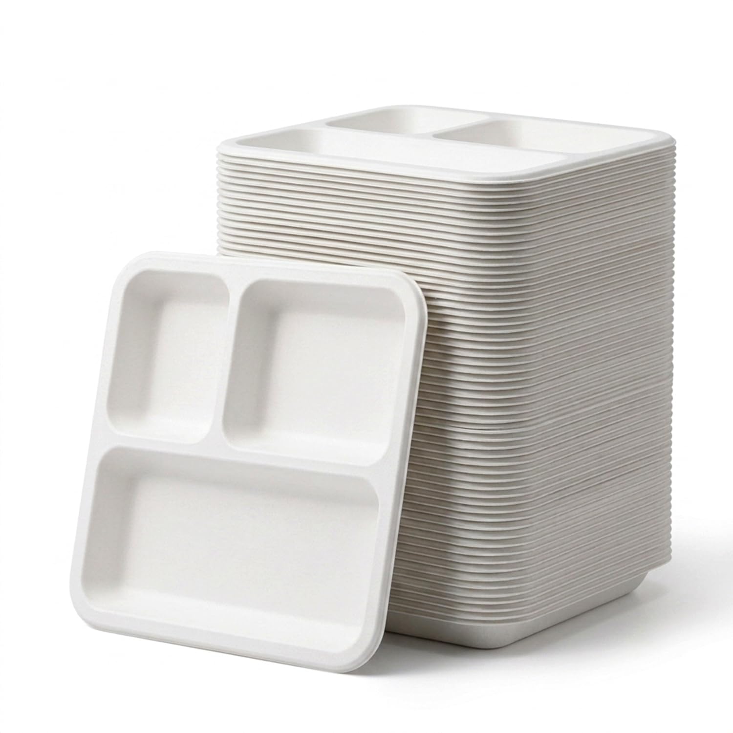 Bonkaso 3 Compartment Bagasse Square Meal Tray Pack of 50 | Disposable Sugarcane Plates | Eco-Friendly & Plastic-Free | Heavy Duty, Microwave Safe Food Serving Trays for Parties, Events & Catering