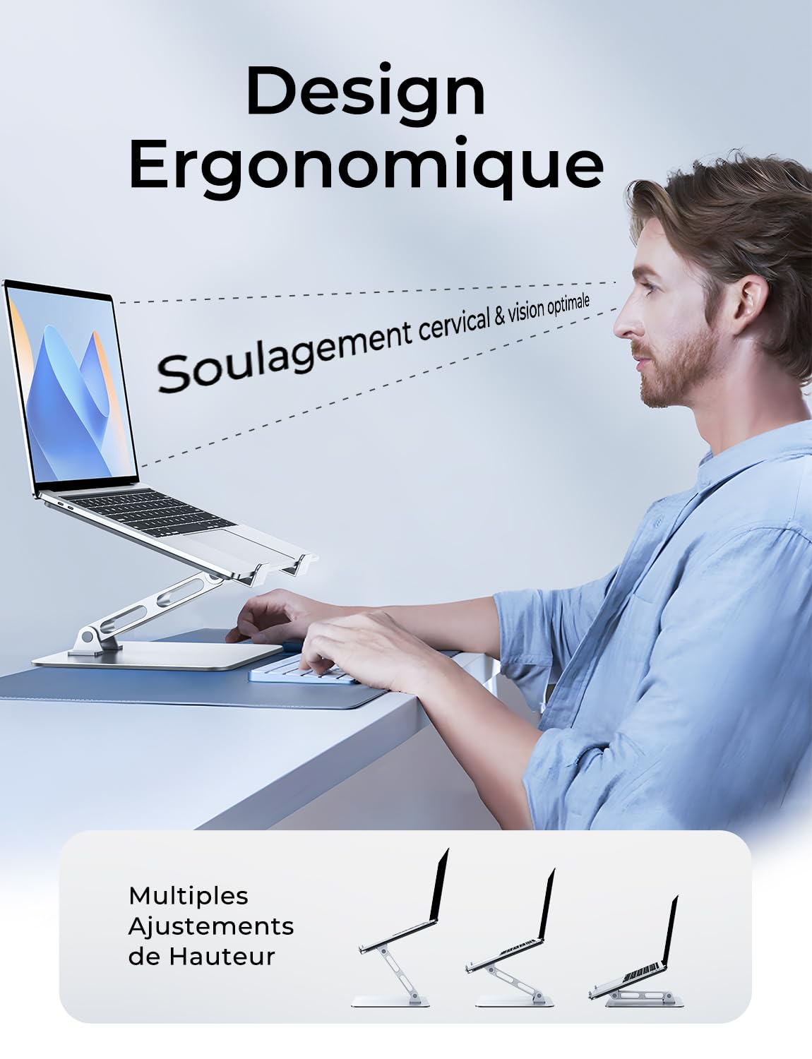 CIRYCASE Support Ordinateur Portable Bureau, Rehausseur PC Portable Stable Aluminium, Ergonomique Laptop Stand Ventilé Réglable & Pliable Porte-Copie, pour MacBook, HP et Autres Notebooks 10-16"