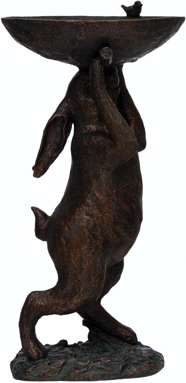 Decorative Resin Rabbit Bird Bath, Green Patina Finish