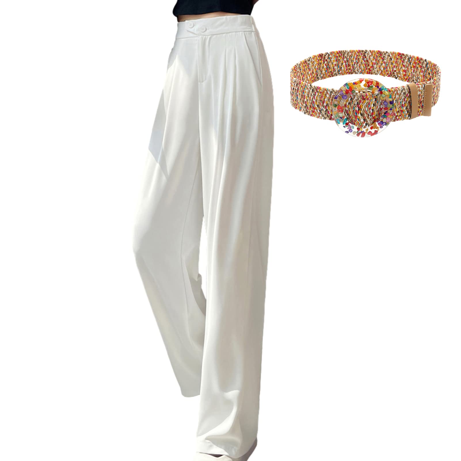 Womens High Waisted Button Down Pants Casual Wide Leg Straight Long Trousers with Pockets
