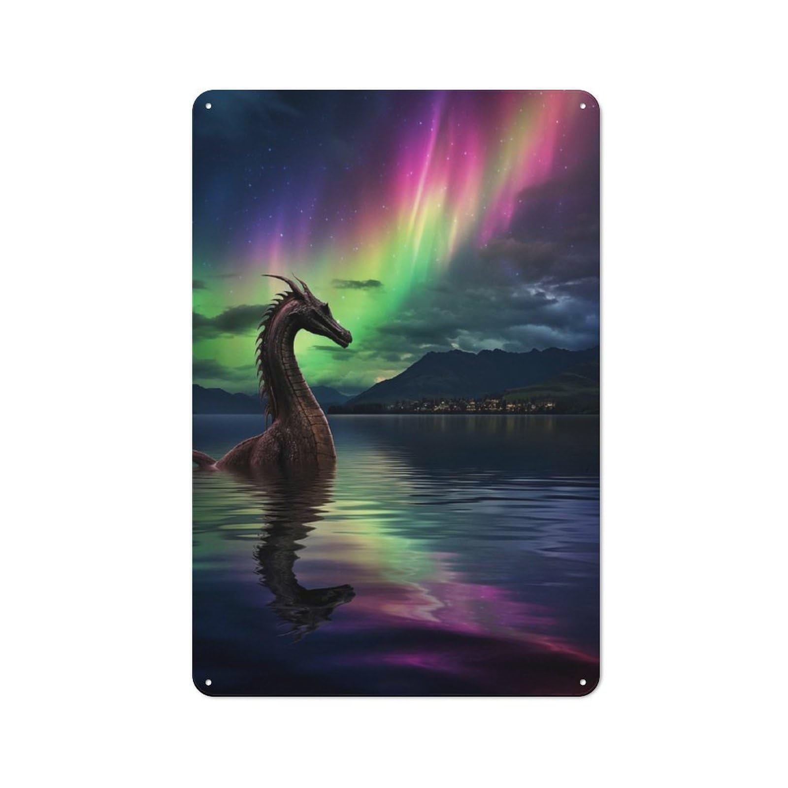 Junmoney Style-3 30X20cm Rustic Tin Sign With Dragon In Aurora Borealis For Home Office Or Studio, For Metal Sign Collectors, For Garage And Workshop Walls