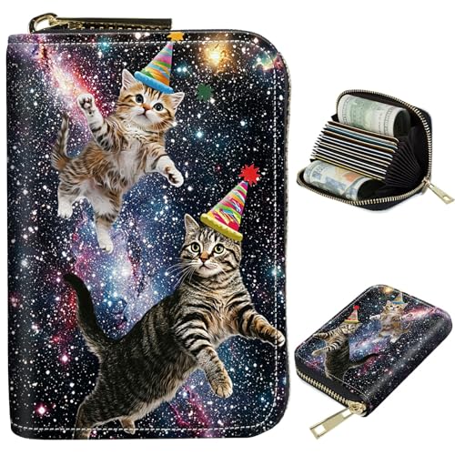 Image of Cute Credit Card Holder with Zipper, Cats Galaxy Nebula RFID-Blocking Card Case Small Wallet for Women Men, Multi-slot Card Organizer Case Travel Accordion Wallet