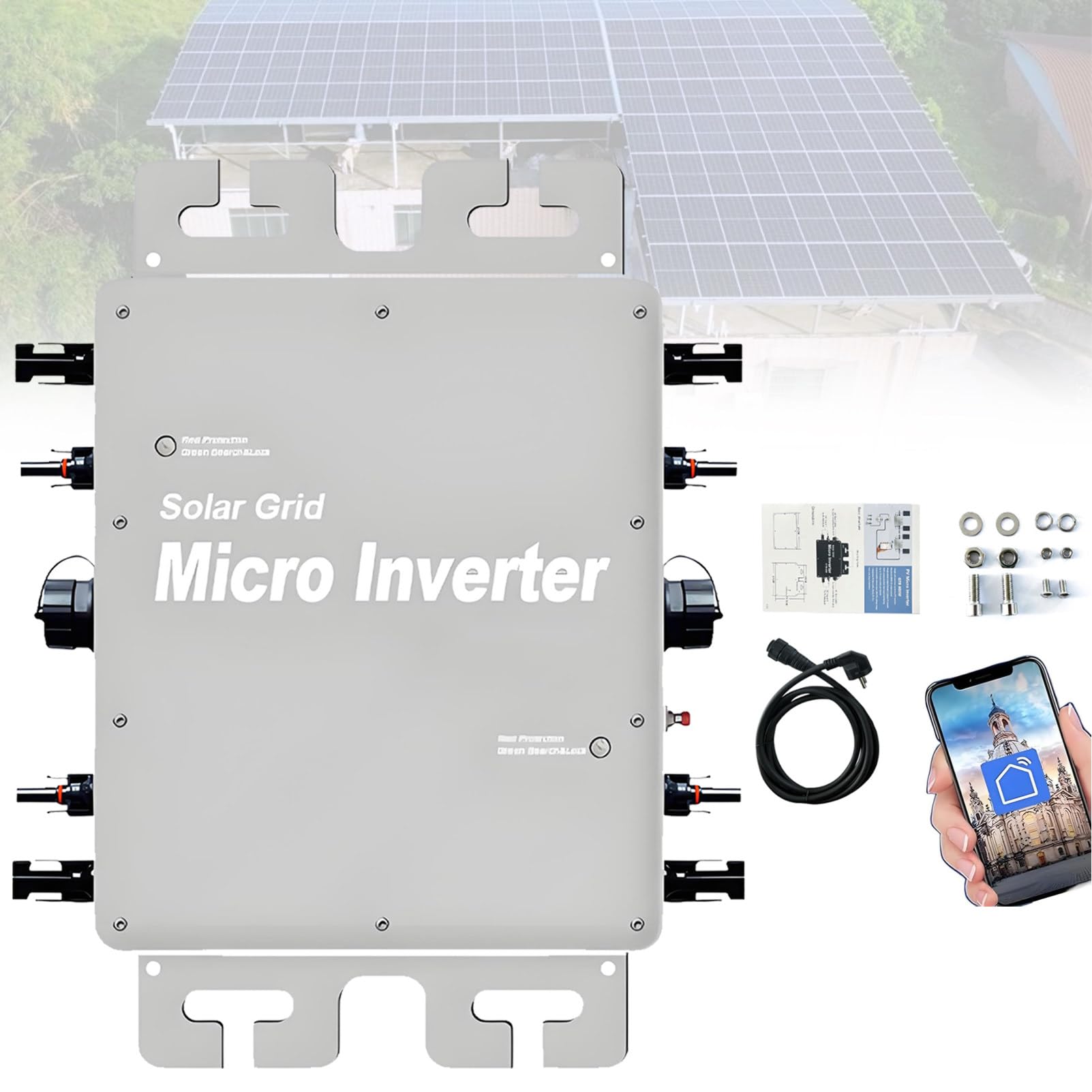Ofyphth Microinverter, Mppt Pure Sine Wave DC to AC, Solar Grid Tie Inverter, IP65 Waterproof, Solar Micro Inverter, WiFi and Mobile App Monitoring, for 30V 36V Solar Panel. 1200W