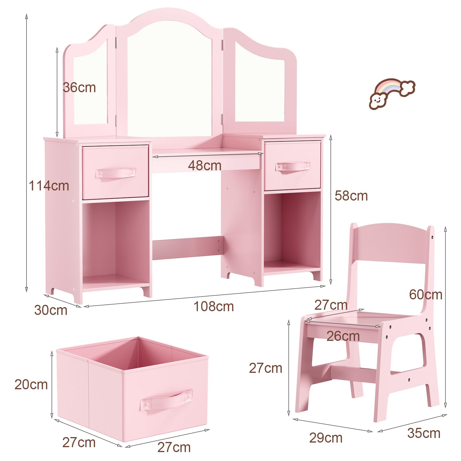 Clevich Schminktisch Kinder Set, 2 in 1 Prinzessin Frisiertisch mit Abnehmbarem Spiegel, Schreibtisch aus Holz mit Hocker & Aufbewahrungsbox, Schminktisch Mädchen, Schminktische für Kinder, Rosa