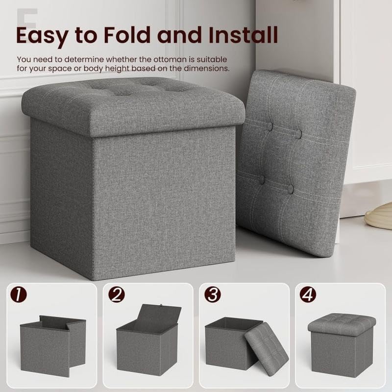 Image of 15 Inches Ottoman Storage Bench. Folding Chest with Breathable Linen-Look Fabric, Load up to 330 lb, for Entryway, Living Room, Bedroom, Dark Gray