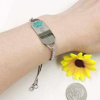 Platinum Plated Cubic Zirconia Medical Alert Tennis Bracelet for Women - Adjustable Green Medical ID Symbol Bracelets YA4662