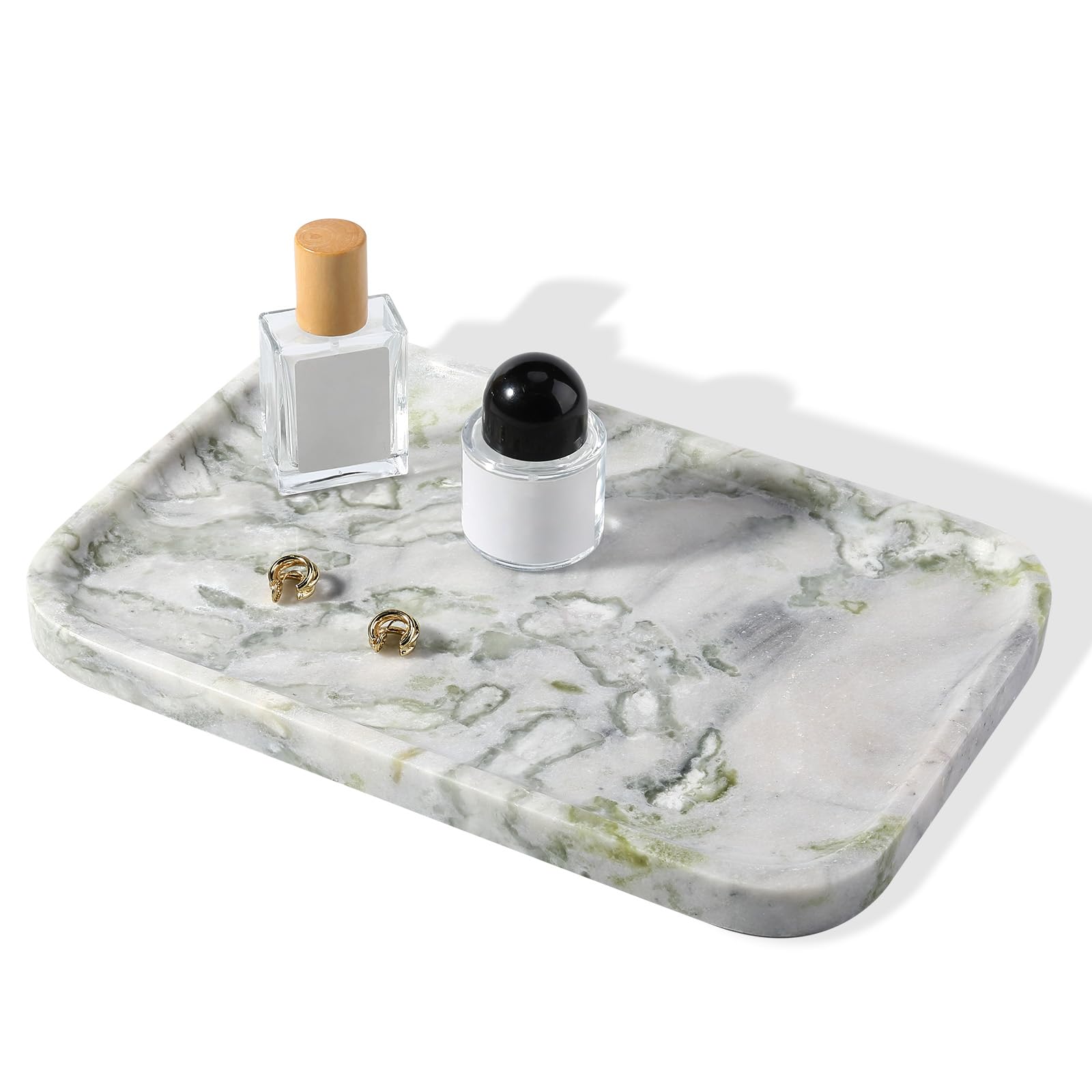 Karibiber Luxury Marble Vanity Tray, Bathroom Tray Countertop, Bianco Marble/Stone, Home Decorative Dresser Organizer, Storage for Kitchen Sink, Perfume Jewelry Holder(Green&amp;White)