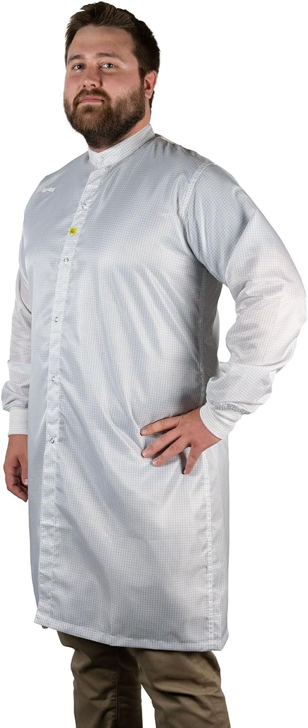 CLEANPRO® Anti‑Static Cleanroom Frock, 98% Polyester / 2% Carbon Fiber, Zipper Closure, Snap Cuffs & Snap Collar, White