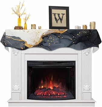 Abstract Marble Pattern Mantel Scarf for Fireplac Black and White Marble Texture Mantel Cover Fluidic Art Fireplace Top Scarf Runner for Holiday Living Room Home Decoration 60 x 17 Inches
