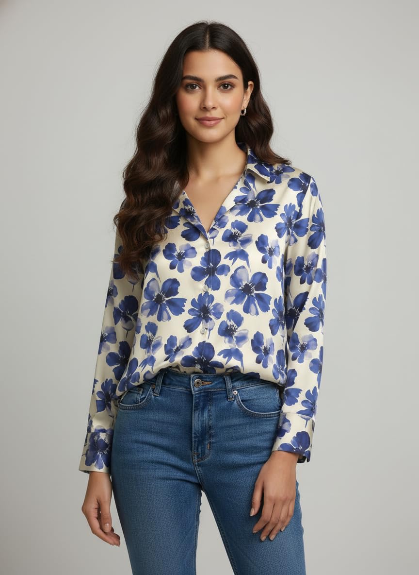 ANNI Designer Bedrucktes Damenhemd aus Baumwollmischgewebe, langärmelig, normale Passform, Hemdkragen, legere Bürokleidung, elegante Western-Kleidung für den Alltag, Hochzeit, Party