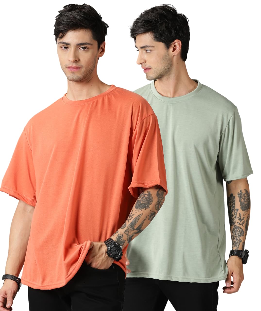 rodzen Oversized Baggy Fit Half Sleeves Round Neck Solid Cotton Blend Combo T-Shirt for Men (Pack of 2)-picture-44