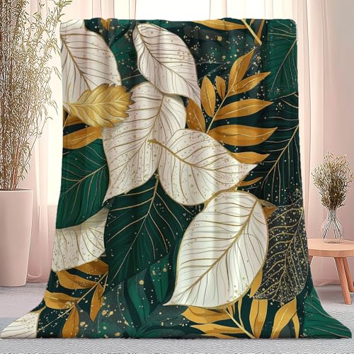 Coperta 130 X 150 Cm Verde Oro Tropico Foglie Lusso,Coperta Di Flanella, Microfibra Morbido Durevole E Caldo 3D Stampa Peluche Coperte Copriletti Per Letto Divano Confortevole
