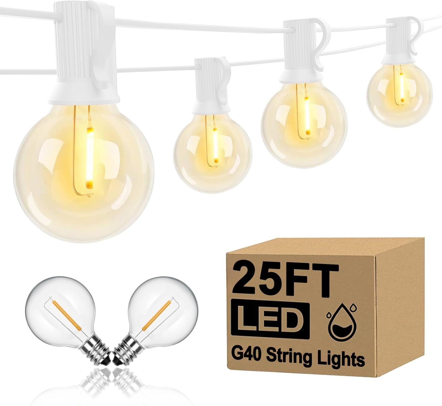25Ft LED Outdoor String Lights Christmas, G40 Globe Patio String Lights Waterproof with 27 Shatterproof LED Bulbs, Hanging Christmas Decorations Lights for Backyard Porch Garden Bistro Party- White 25Ft LED Outdoor String Lights Christmas, G40 Globe Patio String Lights Waterproof with 27 Shatterproof LED Bulbs, Hanging Christmas Decorations Lights for Backyard Porch Garden Bistro Party- White