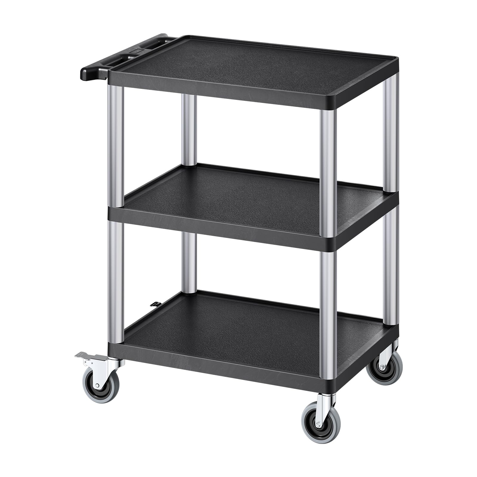VEVOR Carro Multiusos, Carro de Servicio de Plástico Resistente de 3 Estantes 695 x 460 x 825 mm con Ruedas Giratorias de 360° (2 con Frenos), Carga de 136 kg, para Almacén, Garaje, Negro