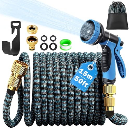 Expandable Garden Hose - Upgraded 3-Layer Latex Hose Pipe 50ft 15m Leak-Proof Expanding Hose with Spray Gun Stretchy Magic Hose with Fittings No-Kink Flexible Water Hose for Garden Pet Car Cleaing