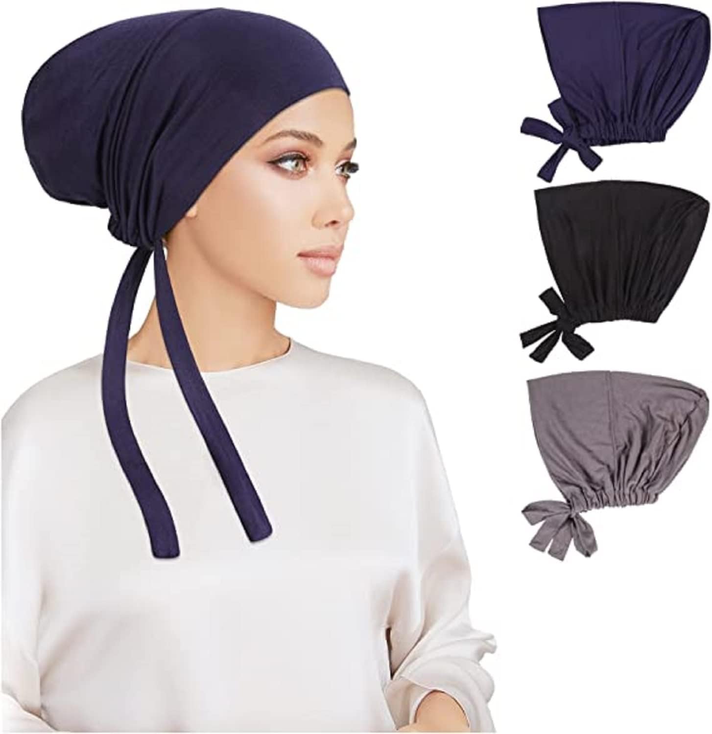 quxup2 Pcs Women Hijab Undercap, Islamic Muslim Under Hijab Cap Inner Under Scarf Hat Hijab Cap with Tie Back Closure Solid Color