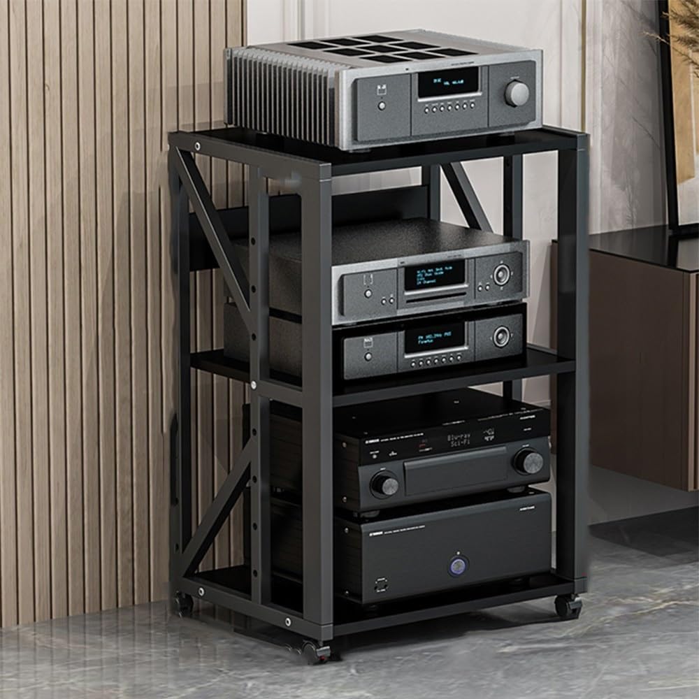 Soporte multimedia AV de 3, 4 o 5 niveles, estante de audio móvil, soporte giratorio de altura ajustable, estante de madera, estante estéreo, armario de almacenamiento multimedia (negro, 3 niveles)