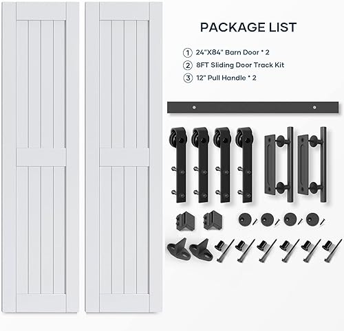Miniatura 9 de Puerta de granero blanca EaseLife de 48 x 84 pulgadas (Doble puerta 24x84) con kit de herrajes deslizantes de 8 pies y manija incluida, madera