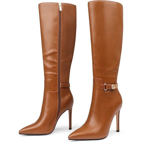 COLETER Women's Knee High Boots Pointed Toe Stiletto Buckle Dress Boots Slouch Zipper Heeled Boots