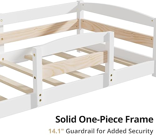 Miniatura 12 de Cama estándar para cuna, base de cama baja Montessori de madera con 2 entradas y barandillas seguras para niños y niñas, azul niebla Azul (Mist