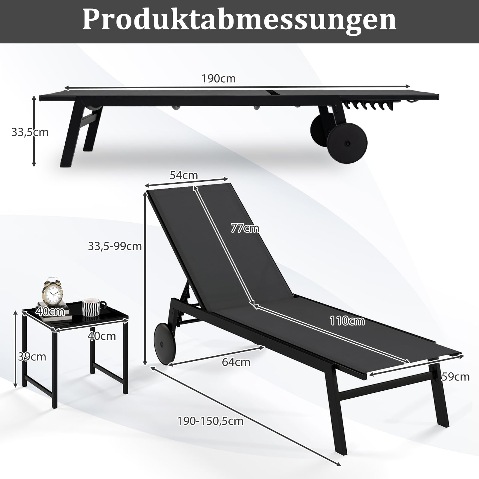 COSTWAY Sonnenliege mit Rollen und Beistelltisch, Gartenliege mit Verstellbarer Rückenlehne und schnelltrocknendem Stoff, Rollliege bis 150kg belastbar, Liegestuhl für Garten, Terrasse (Grau)
