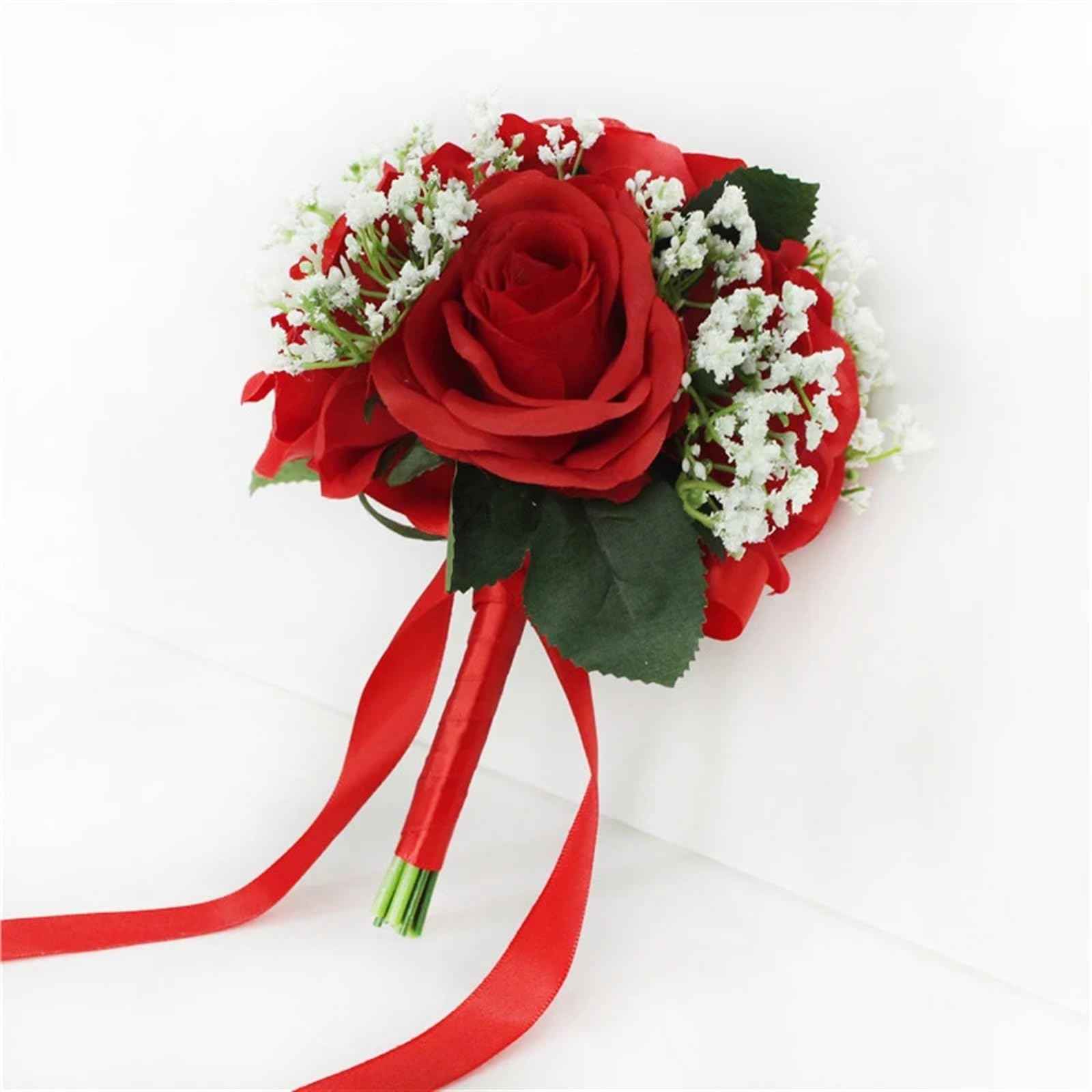 NDLHXKFRP Wedding bouquets for brides and bridesmaids, Artificial Silk Rose Bouquet Multicolor Wedding Bridal Babysbreath Decoration(Red)