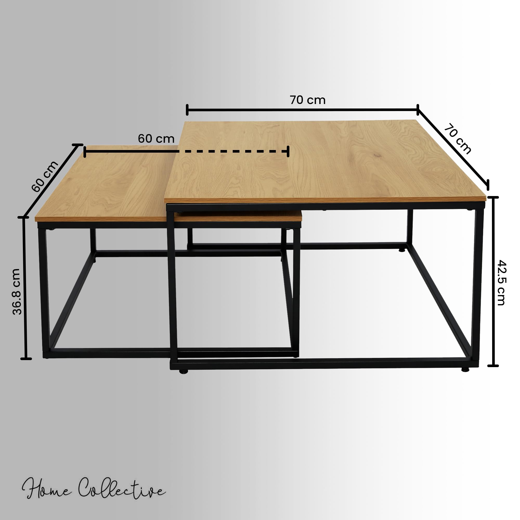 Home Collective Couchtisch 2er Set quadratisch aus Holz, Wohnzimmertisch Modern, Beistelltisch Set 2 in 1 mit Metallgestell für Wohnzimmer Büro Beistelltisch Loft Design Twin | Eiche hell