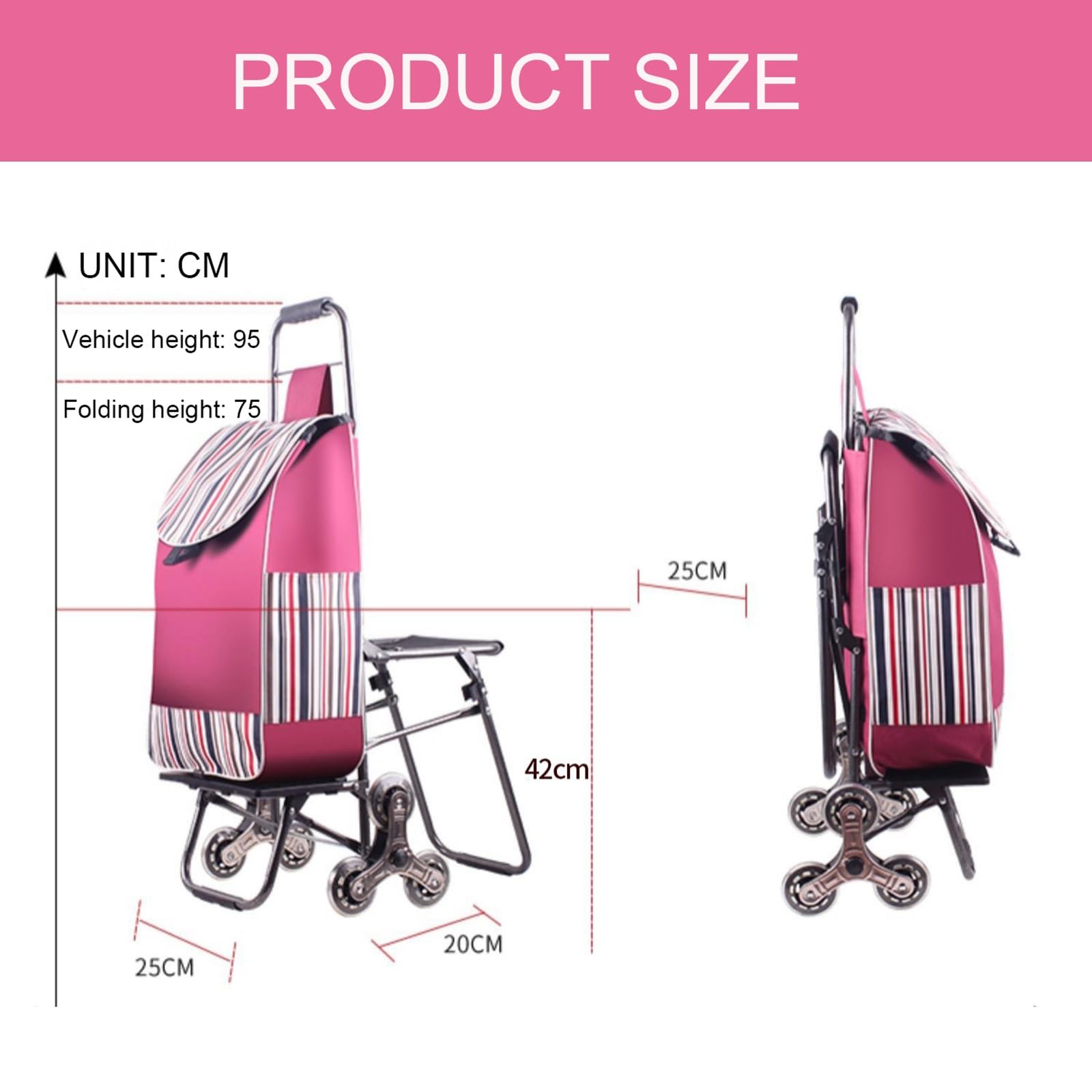 Carrello della spesa resistente con sedile, carrello della spesa a 6 ruote, design pieghevole portatile, funzione di salire le scale per shopping, bagagli e viaggi.