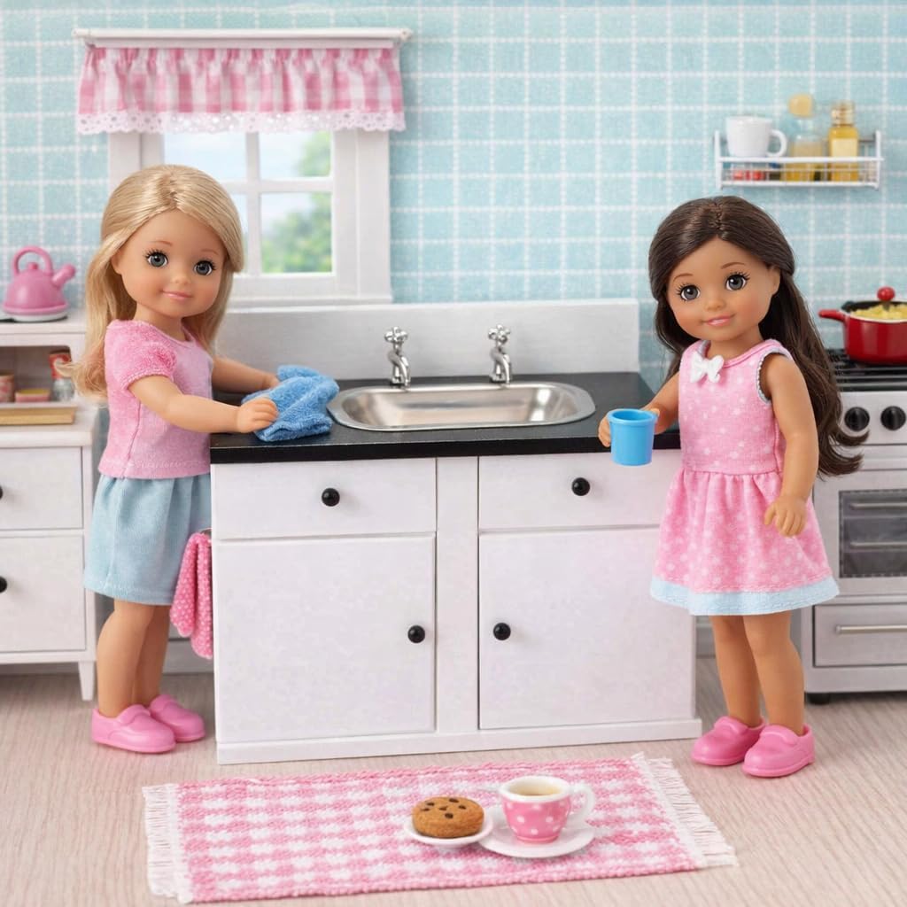 Dollhouse Kitchen Sink Cabinet, Mini White Countertop, 1:12 Scale Furniture for 6 Inch Dolls