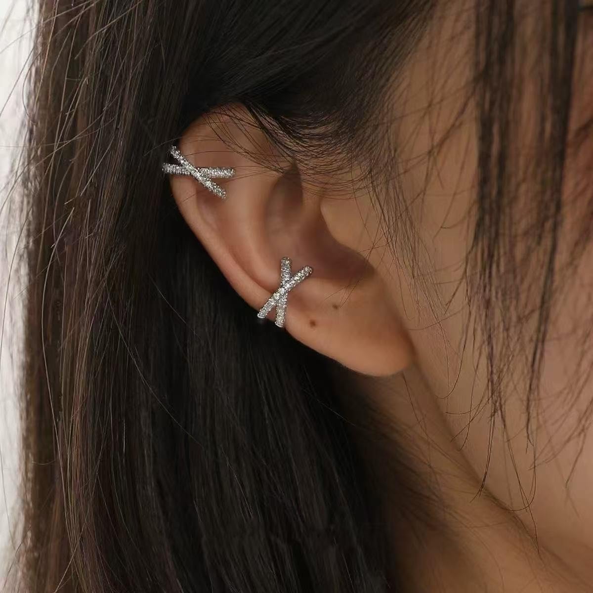 2Pcs Silver Ear Cuffs Non Piercing Adjustable Cuff Earrings for Women Cubic Zirconia Clip On Cartilage Helix Conch Fake Earrings Hypoallergenic - Image 5