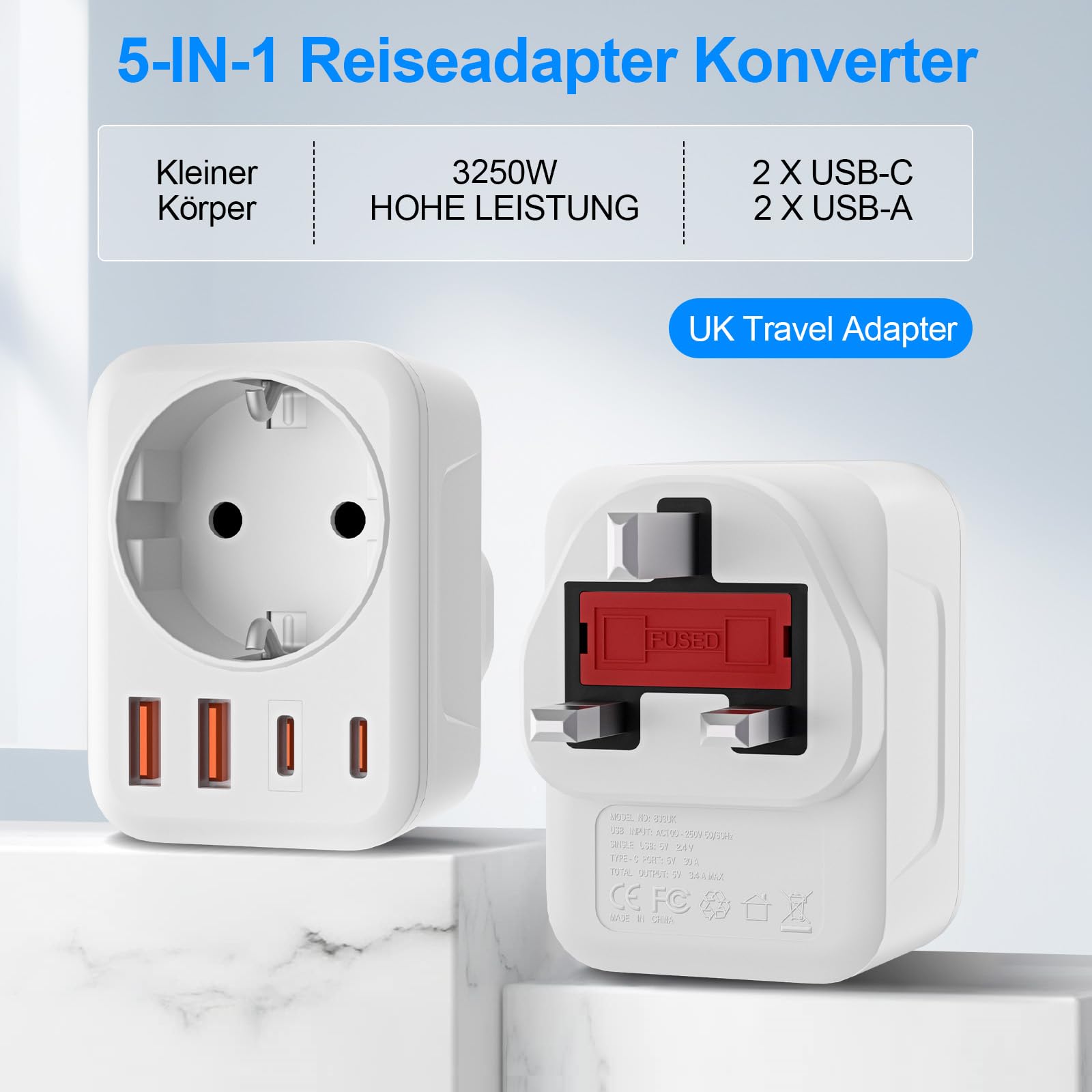 Reiseadapter UK Adapter England Deutschland Stecker mit 1 AC & 2 USB-C & 2 USB-A(3.4A), Reisestecker Typ G Steckdose UK Auf DE EU Steckdosenadapter für England, Irland, Malta, Malediven,Sri Lanka usw - Image 2