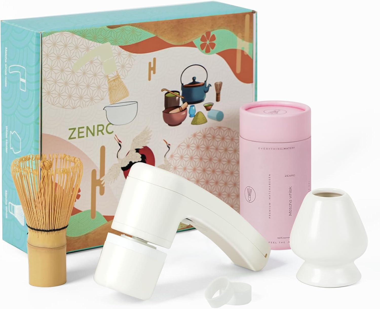 Handheld Bamboo Matcha Electric Whisk Mate Automated Ceremony Chasen - Powered Mocha Whip - Nice Portable Maccha Set Gift Kit (Battery not included, White, set 2)