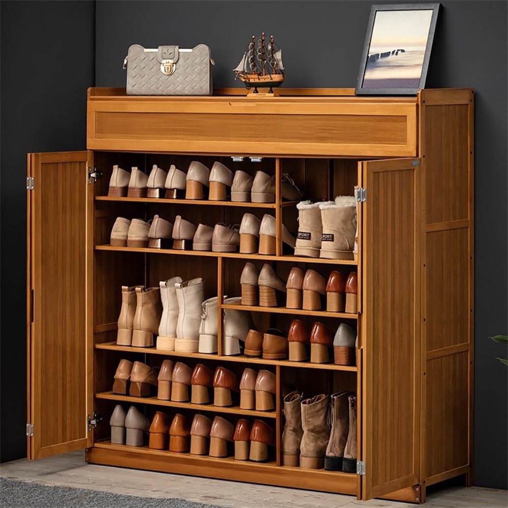 Mueble Zapatero de 4 Puertas Armario de 7 Niveles para Zapatos Mueble Auxiliar con Cajón y Estantes Ajustables Sala de Estar，Zapatero Entrada Recibidor 117x35x115cm