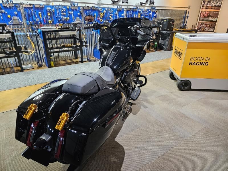 Full view of a black motorcycle from the rear, showcasing the installed gold Ohlins HD 778 OHL STX 36 Blackline shock absorbers.