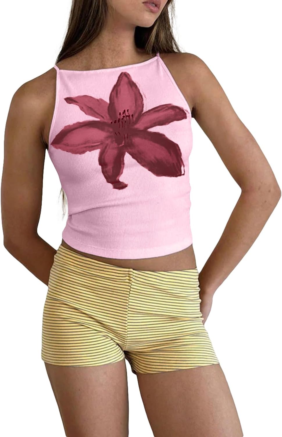 Cioatin Women Cute Yellow Floral Print Crop Tank Tops Sleeveless Slim Fit Cotton Y2K Aesthetic Preppy Summer Cami Outfit - Image 4