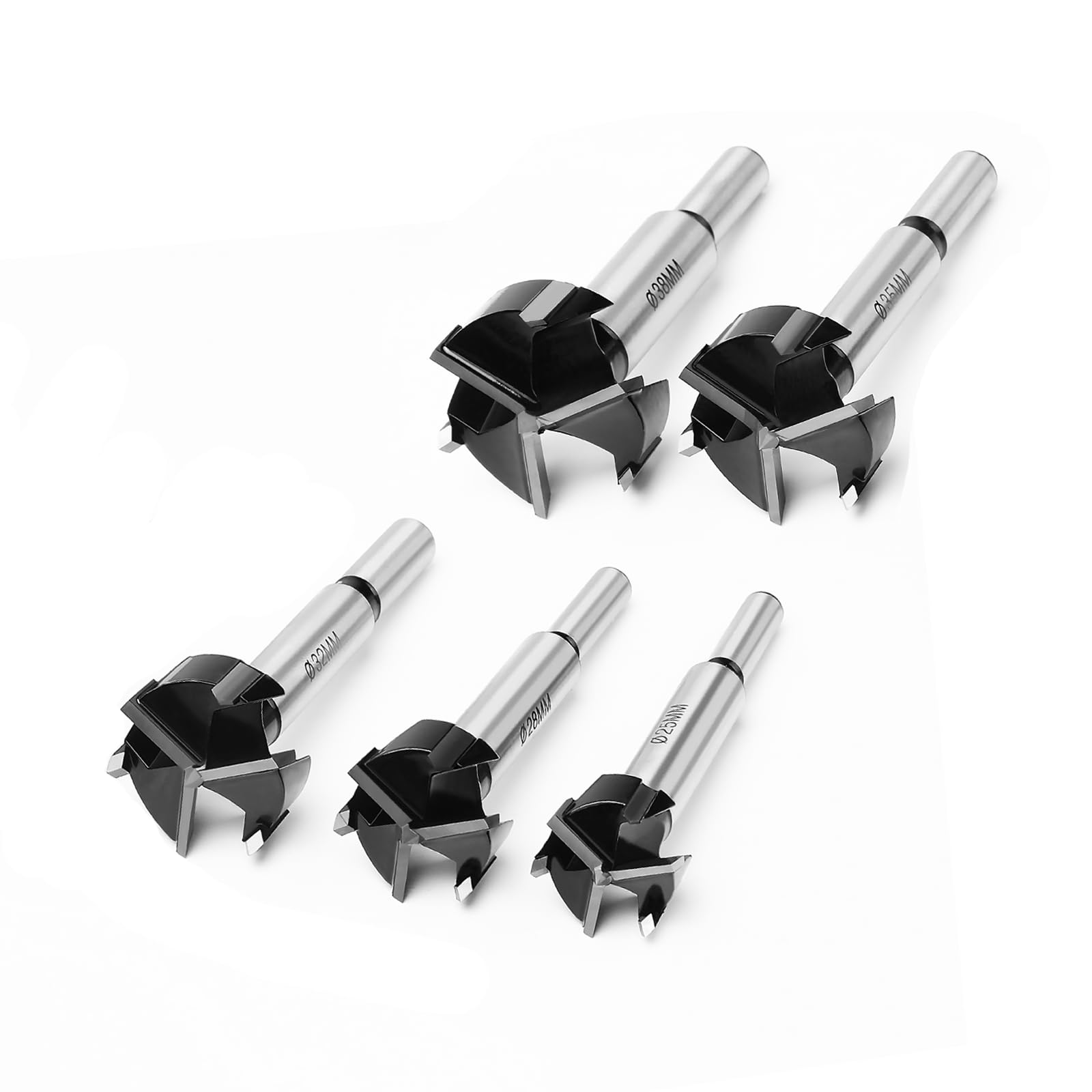 Forstner - Juego de 5 brocas de triple flauta con punta de carburo de tungsteno, para madera dura, madera blanda, kit de herramientas de corte de bisagra para madera contrachapada chapada, plástico
