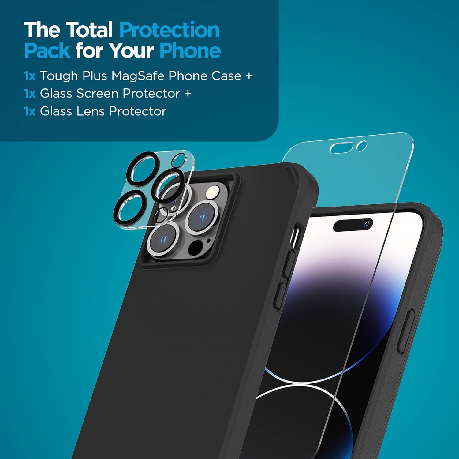 Case-Mate [3 in 1] Protection Pack - iPhone 14 Pro Max Case (Tough Black), Tempered Glass & Lens Protector - 15ft Drop Protection, Compatible with MagSafe & Wireless Charging - Shockproof Anti Scratch