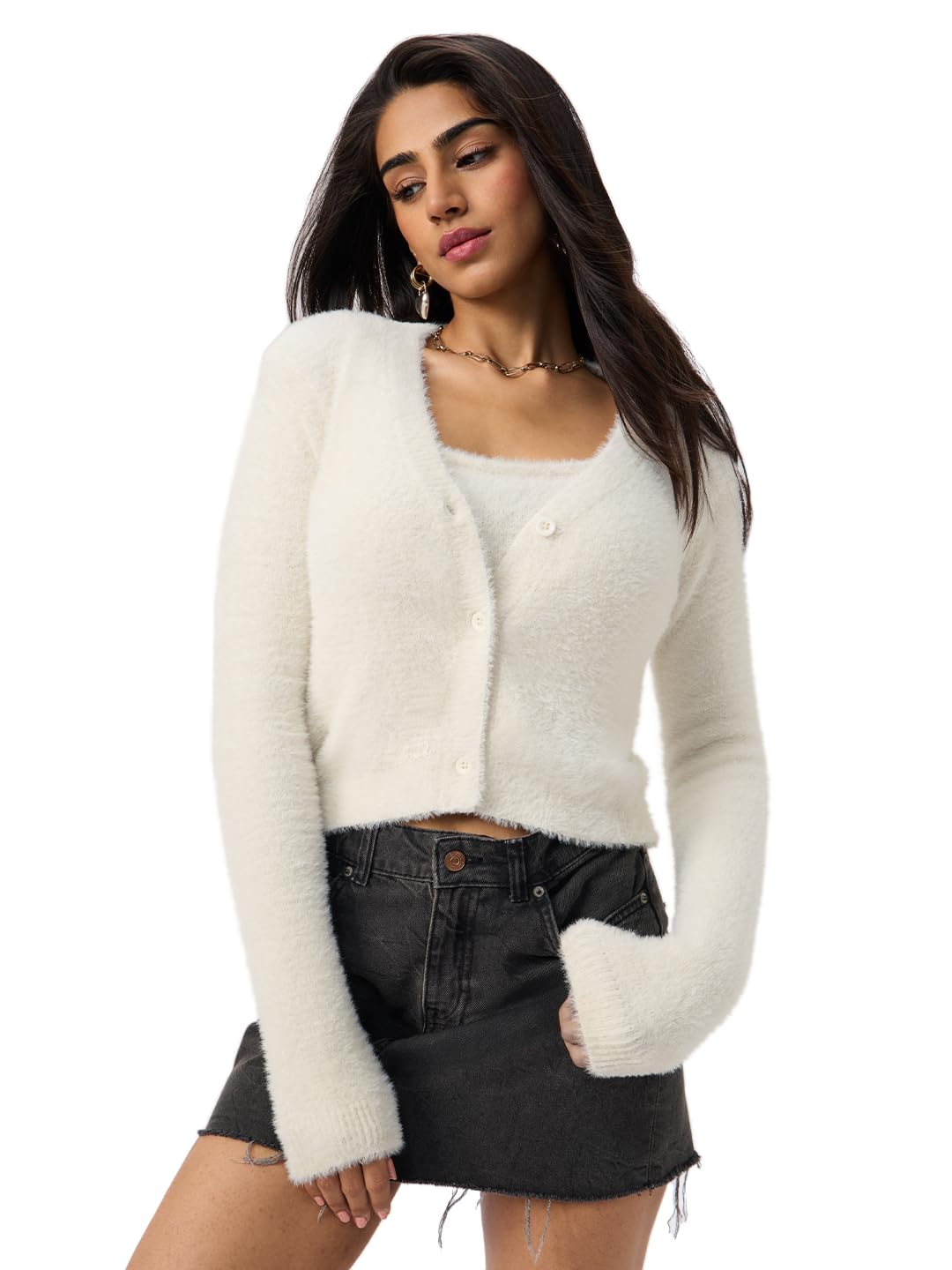 the souled store Fuzzy Cardigan: Frost Women Full Sleeves Round Neck White Solid Nylon Soft Texture Drop Shoulder Streetwear Trendy Basic Winter Casual Oversized Cardigan Sweater-picture-46