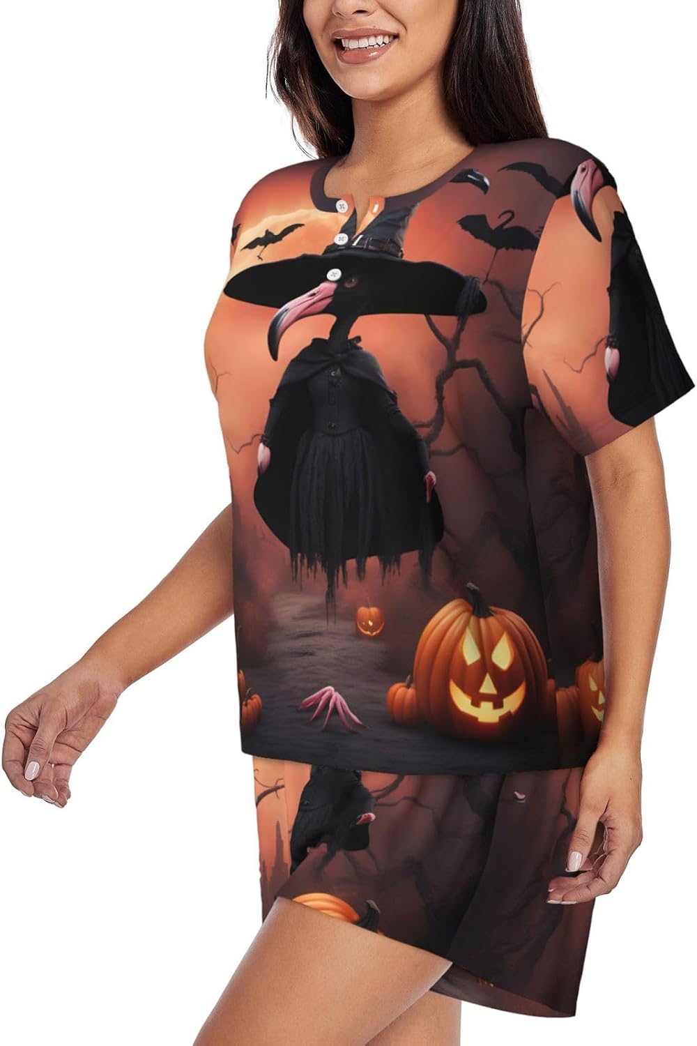 Women'S Halloween Flamingo Witch Hat Print Pajamas Set,Womens Pj Sets For Summer,Loungewear Sets With Cooling Fabric
