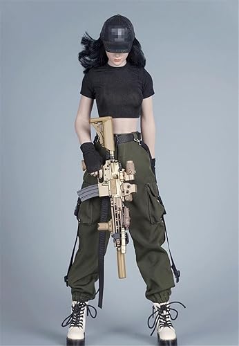 Miniatura 3 de Ropa femenina a escala 16, camiseta y pantalones, guante, cinturón, traje de disfraz para soldado de 12 pulgadas, figura de acción (camisa negra +