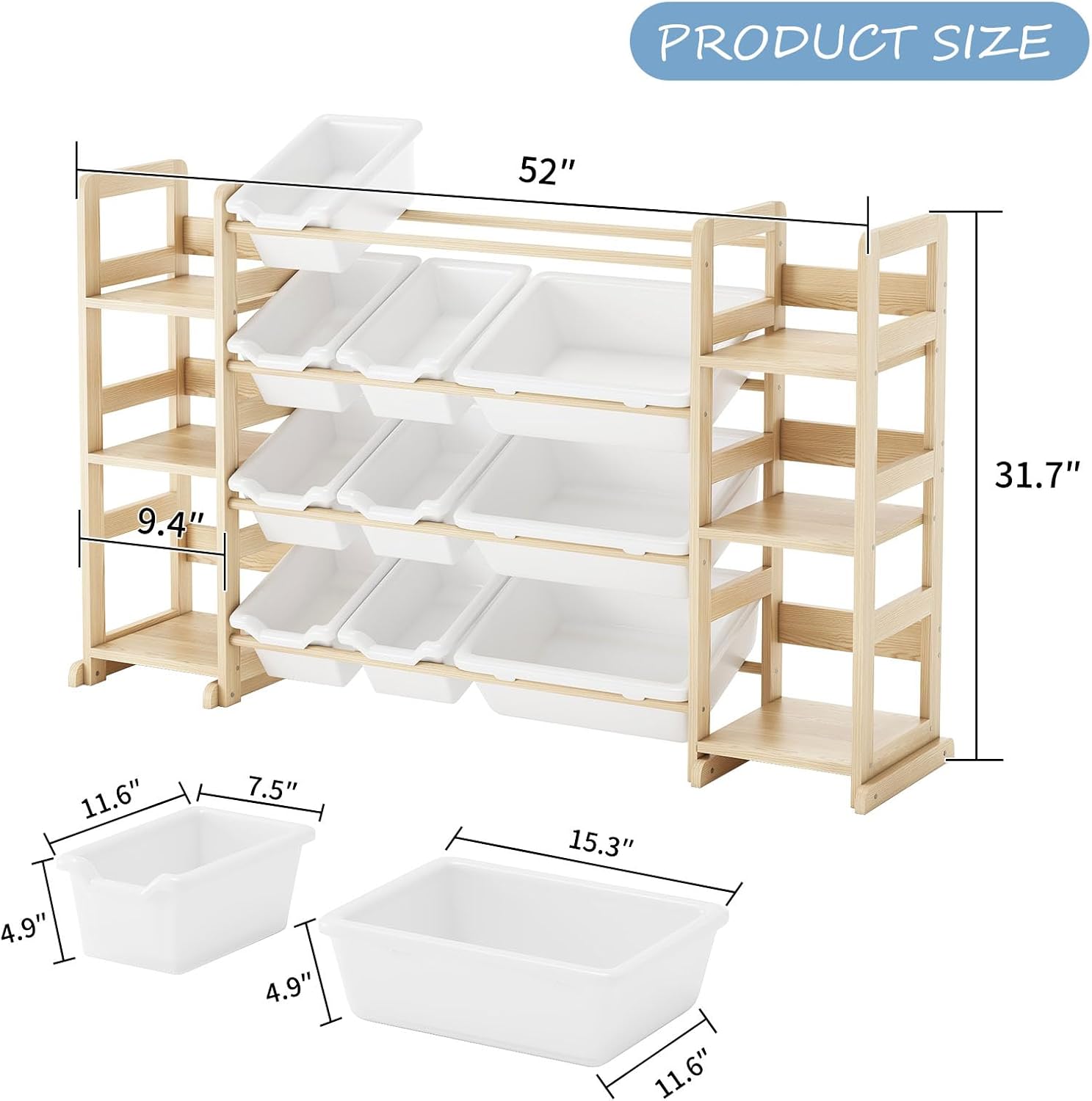 Diagram showing the dimensions of the EXPERLAM toy organizer and its bins