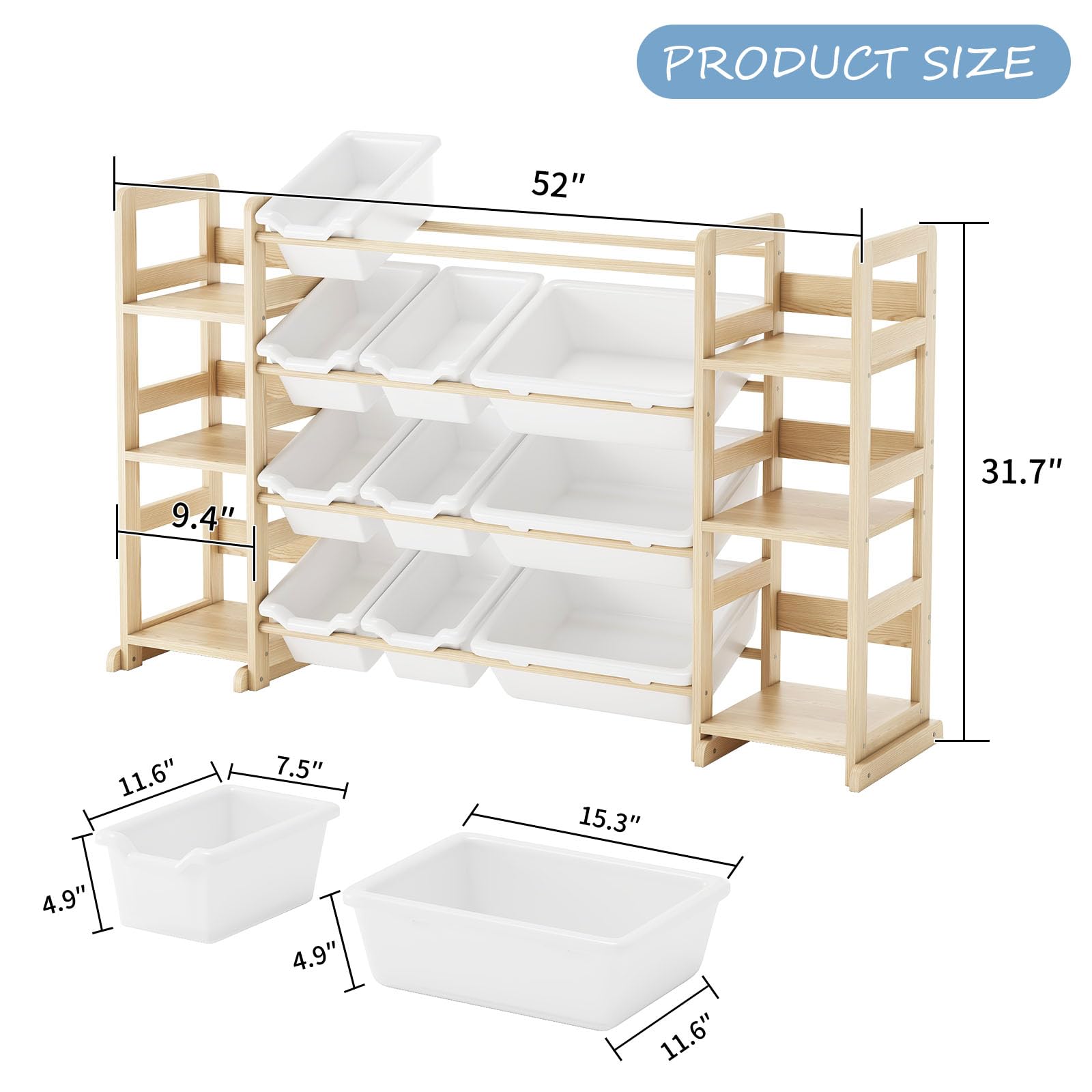 Extra Large Toy Storage - Toy Storage Organizer, Wooden Toy Organizer with 6 Side Shelves and 12 Storage Bins, 3-in-1 Toy Storage and Bookshelf for Kids Rooms, playroom, Bedroom, Nursery